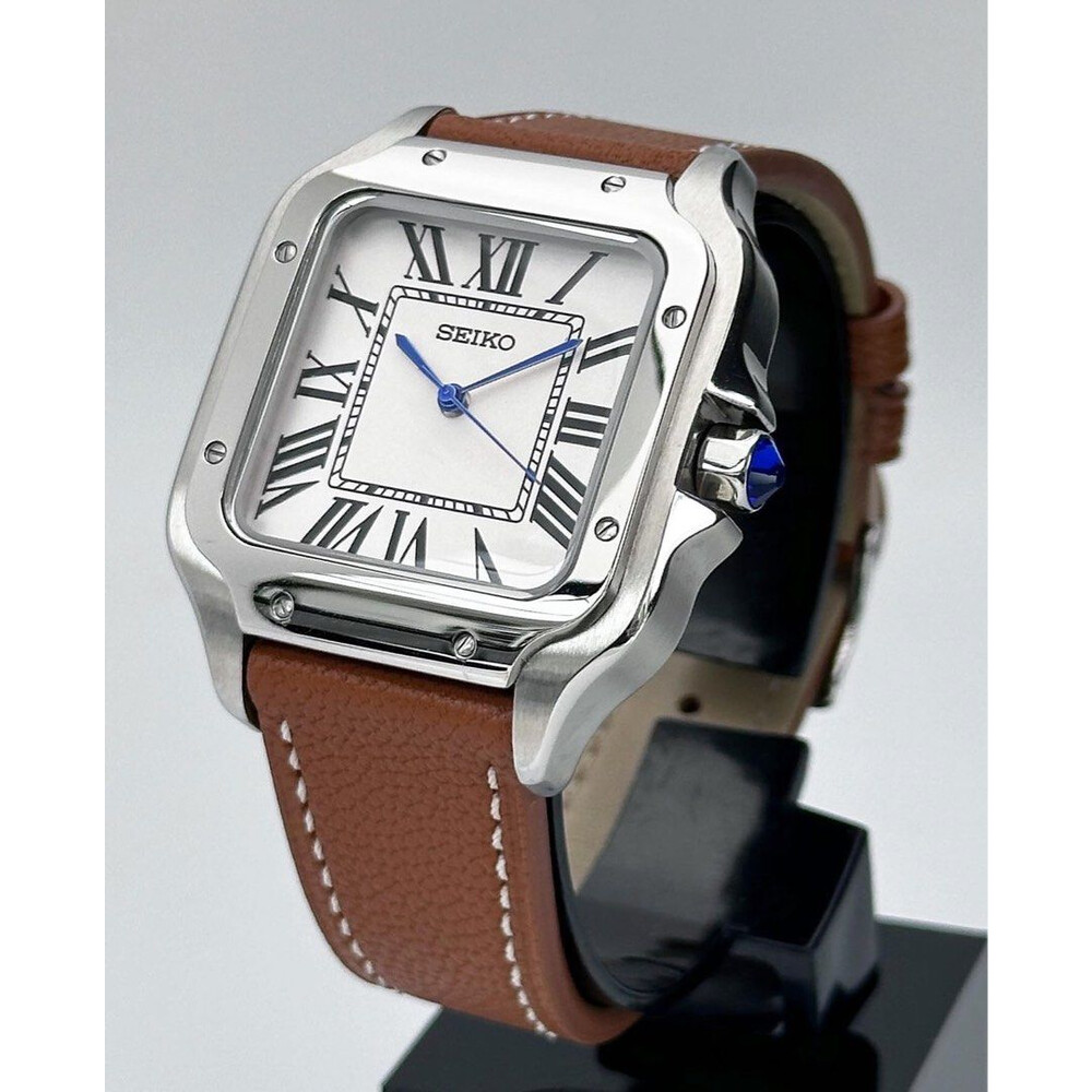 Custom Seiko Mod • 38mm White Santos on Leather Strap • 38mm